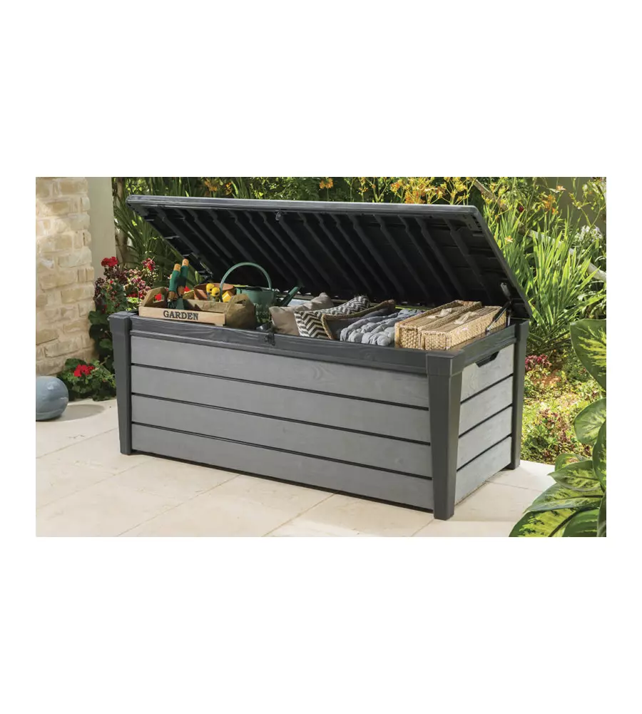 Baule da esterno keter "brushwood" in resina grafite effetto legno 454 lt 145x69,7x60,3 cm